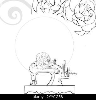 Modèle de machine à coudre vintage. Cadre circulaire pour la conception avec des fleurs. Vintage old fashion, couture pour carte postale, tissu, impression. Vecteur graphique Illustration de Vecteur