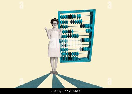Modèle d'image d'esquisse composite collage d'art de l'outil de comptage rétro en bois arithmétique entreprise jeune femme stand grimace bouleversé argumenter Banque D'Images