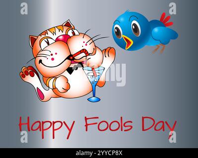 Chat boit dans un verre sur une table. Un oiseau vole au-dessus du chat. L'image est intitulée Happy Fools Day. Joyeux avril Fools Day humour Happy Illustration de Vecteur