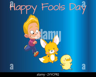 Dessin animé d'un garçon courant avec un renard et un canard. Le dessin animé est intitulé Happy Fools Day. Joueuse April Fools Day humour Happiness Joy bizarre Event Clip Illustration de Vecteur
