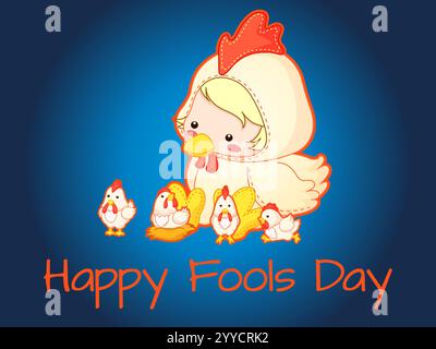 Dessin animé d'un poulet dans un costume de poulet avec un groupe de poulets autour de lui. L'image est intitulée Happy Fools Day. Joyeux April Fools Day humour Happ Illustration de Vecteur