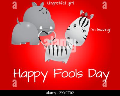 Zebra et un hippopotame ont une conversation cœur à cœur. Le zèbre dit qu'elle part. Joyeux avril Fools Day humour bonheur Joy Biza Illustration de Vecteur