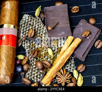 Pyramide olfactive chaude et épicée avec tabac, vanille, chocolat, cannelle, clous de girofle, cardamome, miel, anis étoilé, genévrier et café Banque D'Images
