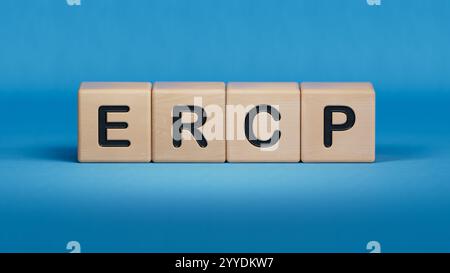 le mot ercp est en bois. Concept médical du traitement, de la prévention et des effets secondaires.Close up des éléments en bois, Business concept.rendu 3D. Banque D'Images