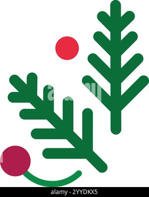 Illustration vectorielle minimaliste de deux branches de gui avec des boules décoratives rouges et violettes, évoquant l'esprit des vacances de noël avec son pourtant simple Illustration de Vecteur