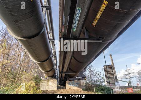 Canalisations pour le chauffage urbain, le gaz de haut fourneau, l'eau de process, sur le site de ThyssenKrupp Steel à Duisburg Marxloh, Rhénanie du Nord-Westphalie, Allemagne, Banque D'Images