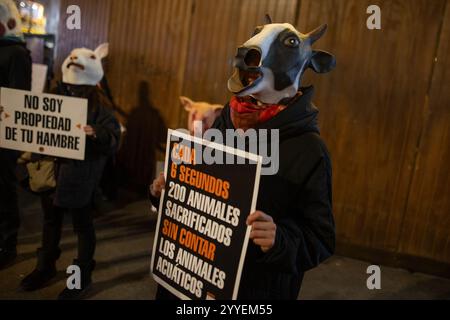 Madrid, Espagne. 21 décembre 2024. Les activistes portant des masques d'animaux tiennent des pancartes lors d'un rassemblement pour les droits des animaux. Des militants pro-animaux de 'animal Save' ont joué à Madrid Puerta del sol avec le slogan : 'Noël : la fête des abattoirs'. Crédit : SOPA images Limited/Alamy Live News Banque D'Images