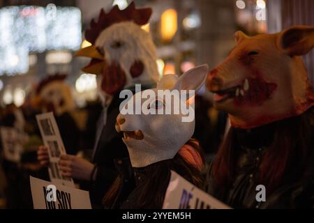 Madrid, Espagne. 21 décembre 2024. Les activistes portant des masques d'animaux tiennent des pancartes lors d'un rassemblement pour les droits des animaux. Des militants pro-animaux de 'animal Save' ont joué à Madrid Puerta del sol avec le slogan : 'Noël : la fête des abattoirs'. Crédit : SOPA images Limited/Alamy Live News Banque D'Images