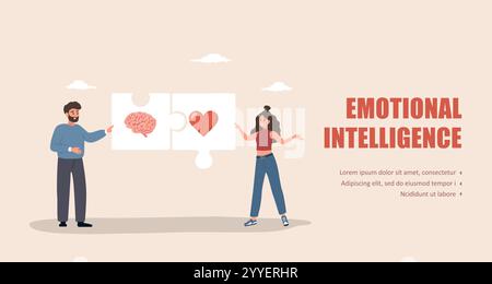 Équilibre cérébral et cardiaque. Concept d'intelligence émotionnelle. L'homme et la femme ont connecté des énigmes avec le cœur et le cerveau humains. Connexion entre l'esprit et Illustration de Vecteur