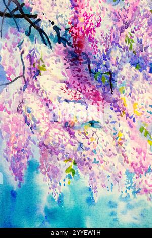 Fleurs abstraites de couleur violet. Peinture à l'aquarelle. Violet printemps, rose, fleur de Wisteria en fleur avec fond de ciel bleu. Illustration peinte Banque D'Images