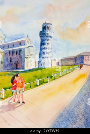 Peinture à l'aquarelle dessinée à la main - Tour penchée de Pise, Italie, illustration de fond d'art sur papier, voyage point de repère du monde. Banque D'Images