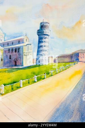Peinture à l'aquarelle dessinée à la main - Tour penchée de Pise, Italie, illustration de fond d'art sur papier, voyage point de repère du monde. Banque D'Images