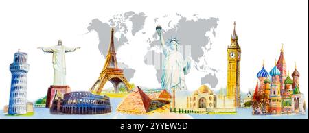 Voyages et sites touristiques du monde entier. Monuments célèbres du monde regroupés. Illustration de peinture dessinée à la main à l'aquarelle sur fond de carte du monde. Banque D'Images