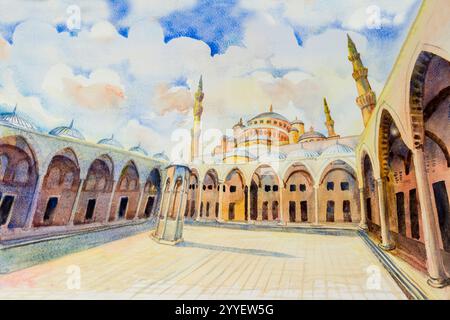 Istanbul, Turquie, la Mosquée bleue. Un point de repère du monde est une attraction touristique dans la Turquie. Paysage de peinture à l'aquarelle, illustration Banque D'Images