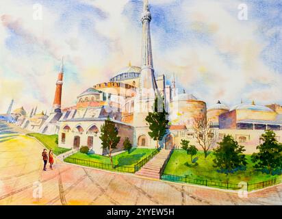 Istanbul, Turquie, la Mosquée bleue. Un point de repère du monde est une attraction touristique dans la Turquie. Paysage de peinture à l'aquarelle, illustration Banque D'Images