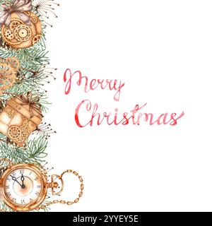 Branches de sapin, pommes de pin et herbe, boules, cadeaux, illustration aquarelle de bannière de Noël horloge. Le cadre est carré, avec des plantes d'hiver et décorati Banque D'Images
