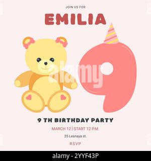 Invitation fête d'anniversaire pour enfants avec ours mignon et numéro. Célébration neuvième anniversaire. Modèle de carte de voeux pour les enfants. Illustration vectorielle. Illustration de Vecteur