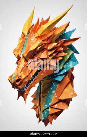 Dragon origami suspendu dans les airs sur un fond blanc. Créé avec IA. Banque D'Images