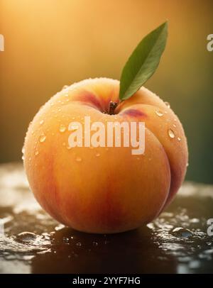 Pêche, fruit, macro, portrait. Pêche fraîche avec des gouttes d'eau. Pêche avec des gouttes d'eau en contre-jour du soleil. Banque D'Images