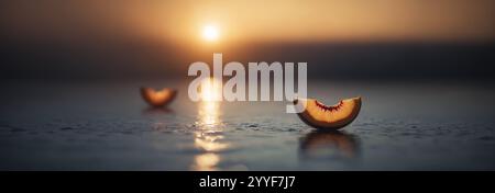 Pêche, fruit, macro, portrait. Pêche fraîche avec des gouttes d'eau. Pêche avec des gouttes d'eau en contre-jour du soleil. Banque D'Images