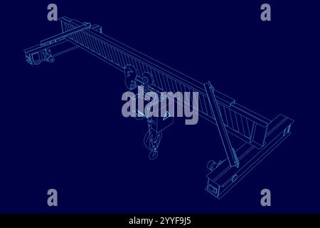 Contour de la grue stationnaire de levage à partir de lignes bleues isolées sur fond bleu. 3D.. Vue isométrique. Illustration vectorielle Illustration de Vecteur