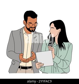 Homme d'affaires et femme travaillant avec tablette numérique Illustration de Vecteur