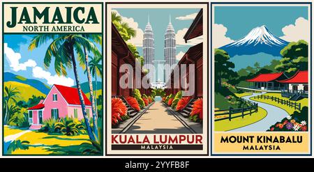 Ensemble d'affiches de destination de voyage dans un style rétro Illustration de Vecteur