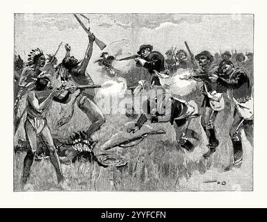 Une ancienne gravure des combats pendant la Grande Guerre des Sioux aux États-Unis en 1876. Il est tiré d'un livre d'histoire victorienne de c.1900. Aussi connu sous le nom de guerre des Black Hills, il s'agit d'une série de batailles et de négociations qui ont eu lieu en 1876 et 1877 entre une alliance de Sioux Lakota et Cheyenne du Nord contre les États-Unis. La cause de la guerre est que de l'or a été découvert dans les Black Hills, que les colons commencent à empiéter sur les terres amérindiennes et que les Sioux et les Cheyennes refusent d'en céder la propriété. Parmi les nombreuses batailles se trouvait la bataille de Little Bighorn (la dernière bataille de Custer). Banque D'Images