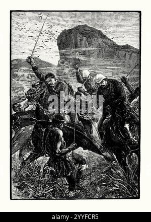 Une vieille gravure d'une charge de cavalerie lors de la bataille d'Isandlwana (Isandhlwana), Royaume Zoulou, aujourd'hui Afrique du Sud, le 22 janvier 1879. Il est tiré d'un livre d'histoire victorienne de c.1900. C'est la première rencontre majeure de la guerre anglo-zouloue entre l'Empire britannique et le Royaume zouloue. Les Zoulous étaient équipés principalement des lances de fer traditionnelles assegai, mais la bataille fut une victoire décisive pour les Zoulous. Isandlwana a conduit les Britanniques à effectuer une deuxième invasion renforcée, qui a détruit les espoirs du roi zoulou Cetewayo d'une paix négociée. Banque D'Images