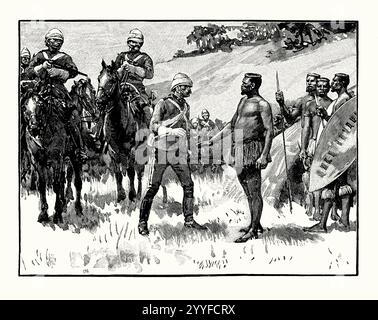 Une ancienne gravure de la reddition de Cetewayo aux Britanniques à la fin de la guerre anglo-zouloue, Royaume Zouloue, aujourd'hui Afrique du Sud en 1879. Il est tiré d'un livre d'histoire victorienne de c.1900. Cetshwayo kaMpande (c1826-1884) était le roi du Royaume zoulou de 1873 à 1884 et son commandant en chef pendant la guerre anglo-zoulou. Cetawayo (Cetewayo, Cetywajo, Ketchwayo ou Cetshwayo) s'opposa constamment à la guerre et chercha sans succès à faire la paix avec les Britanniques et fut vaincu et exilé à la suite de la défaite des Zoulous dans la guerre. Il a ensuite été autorisé à retourner à Zoululand. Banque D'Images