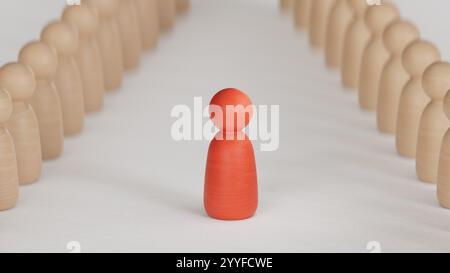 Illustration 3D de pions cassés et un protégé par une table ronde en bois. Concept de vaccination et d'immunisation.rendu 3D sur fond blanc. Banque D'Images