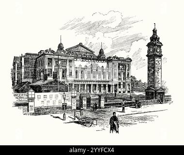 Une ancienne gravure du palais du premier peuple, Mile End Road, Tower Hamlets, Londres, Angleterre, Royaume-Uni à la fin des années 1800 Il est tiré d'un livre d'histoire victorienne de c.1900. Il a été ouvert en 1886/7 pour être source de formation et de loisirs. Il a été conçu par Edward Robert Robson et a été chauffé à l'eau chaude et éclairé au gaz. La bibliothèque octogonale pouvait contenir 250 000 livres. En 1889, Minnie James devient l'une des premières femmes à diriger une grande bibliothèque britannique. Elle comprenait les besoins de la classe ouvrière et ouvrait la bibliothèque le dimanche. Le bâtiment a été détruit par un incendie en 1931. Banque D'Images