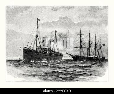 Une ancienne gravure de deux navires océaniques des années 1800, le plus moderne RMS Campania de 1892 (à gauche) et le plus ancien SS Great Western de 1838 (à droite). Il est tiré d'un livre d'histoire victorienne de c.1900. Le RMS Campania était un paquebot britannique appartenant à la Cunard Line, lancé en 1892. Le Campania était le plus grand et le plus rapide paquebot à flot lorsqu'il est entré en service en 1893. Le SS Great Western des années 1838 était un navire à vapeur à roue à aubes à coque en bois, le premier navire à vapeur construit spécialement pour traverser l'Atlantique, conçu par l'ingénieur civil britannique Isambard Kingdom Brunel. Banque D'Images