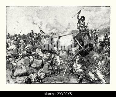 Une ancienne gravure de la bataille de Suakin (ou bataille de Gemaizah), Soudan, Afrique le 20 décembre 1888 pendant la guerre mahdiste. Il est tiré d'un livre d'histoire victorienne de c.1900. Dans la bataille, le général Francis Grenfell a vaincu une force mahdiste près de Suakin, un port principal du Soudan. La force mahdiste (souvent appelée Derviches par les Européens), dirigée par Osman Digna, avait avancé sur Suakin. Grenfell lance une sortie contre les Mahdistes. Après une heure et demie de combats, les pertes sont de 12 du côté anglo-égyptien et de 1 000 du côté des mahdistes. Après cela, les Mahdistes se retirèrent. Banque D'Images