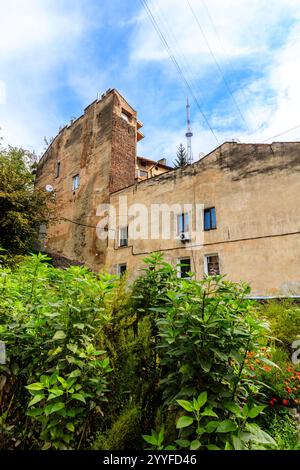 Un bâtiment avec une grande cheminée et un buisson vert devant elle. Le bâtiment est vieux et a beaucoup de fenêtres Banque D'Images