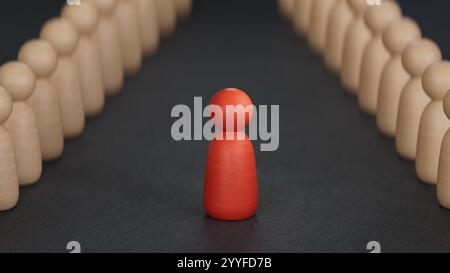 Illustration 3D de pions cassés et un protégé par une table ronde en bois. Concept de vaccination et d'immunisation. Rendu 3D sur fond noir. Banque D'Images