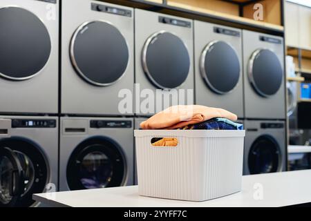 Photo de nature morte du panier plein de vêtements propres et frais sur la table pliante dans la blanchisserie libre-service avec des machines à laver professionnelles, espace de copie Banque D'Images