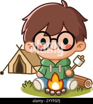 garçon de dessin animé mignon avec des lunettes est assis près d'un feu de camp, tenant un bâton de guimauve, avec une tente et une bûche en arrière-plan Illustration de Vecteur