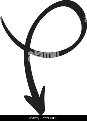 Flèche pointant vers le bas avec une boucle, dessinée à la main à l'encre noire sur un fond blanc propre, symbolisant la direction, le mouvement et l'accent dans Illustration de Vecteur