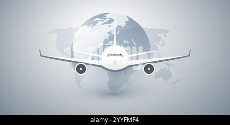Voyager tout autour du concept du monde, illustration vectorielle - Globe gris de la Terre et conception de carte du monde avec vue de face de l'avion volant Illustration de Vecteur