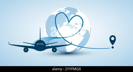 J'aime voyager partout dans le monde concept, illustration vectorielle - Earth Globe Design avec Flying Airplane Leaves Blue Vapor Trail, un T en forme de cœur Illustration de Vecteur