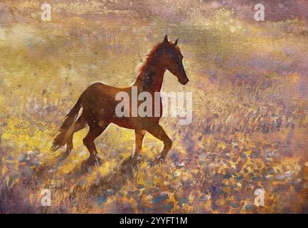 Un jeune cheval dans le fond aquarelle de prairie. Illustration animale Banque D'Images