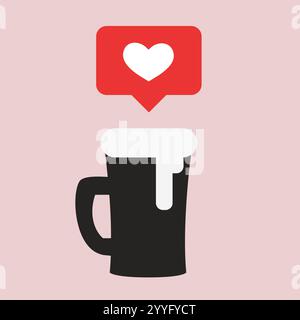 Icon Design - tasse de bière rempli de boisson mousseuse - concept pour la messagerie avec une bulle de parole rouge et le coeur Illustration de Vecteur
