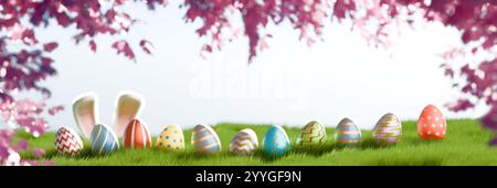 Oeufs de Pâques colorés disposés sur l'herbe sous les branches en fleurs, célébrant les vacances de Pâques. rendu 3d. Banque D'Images