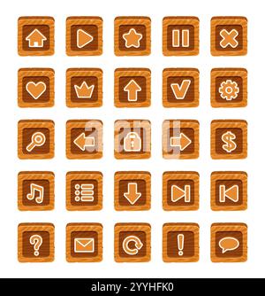 Boutons de texture en bois avec symboles. Icônes d'interface utilisateur de site Web de dessin animé, éléments de panneau d'interface de menu de jeu, bois brun avec des signes, flèches de pointeur différentes, Illustration de Vecteur
