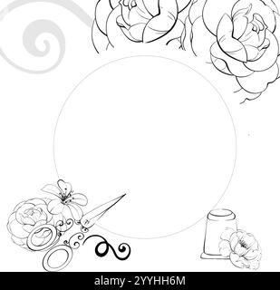Modèle d'outils de couture vintage - ciseaux, boutons, épingle, centimètre avec des roses. Cadre circulaire pour la conception avec des fleurs romantiques. Vintage old fashion Illustration de Vecteur
