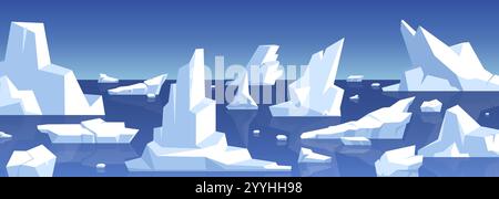 Panorama sur la mer du Nord. Paysage glaciaire arctique, icebergs flottants, blocs glacés océaniques froids, réchauffement climatique, floes de glace, fond horizontal, dessin animé plat Illustration de Vecteur