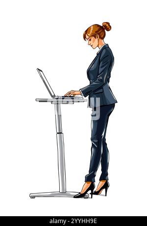 Femme d'affaires travaillant au bureau avec ordinateur portable Illustration de Vecteur