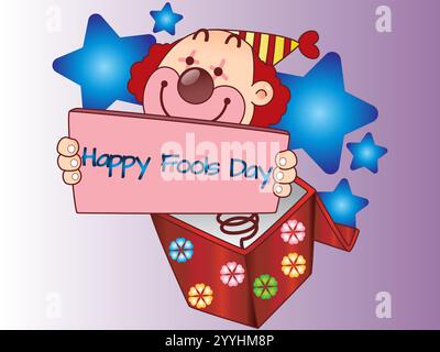 Clown tenant une pancarte qui dit Happy Fools Day. Le clown est entouré d'étoiles et tient une boîte. Joyeux April Fools Day humour Happiness Joy Bi Illustration de Vecteur