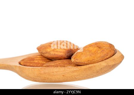 Amandes grillées parfumées dans une cuillère en bois, gros plan, isolées sur fond blanc. Banque D'Images